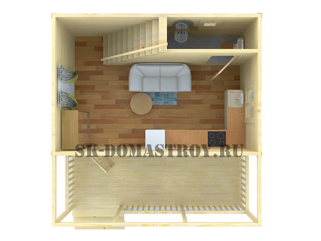 3d планировка с меблировкой 1 этажа 4х6 дома из бруса под ключ