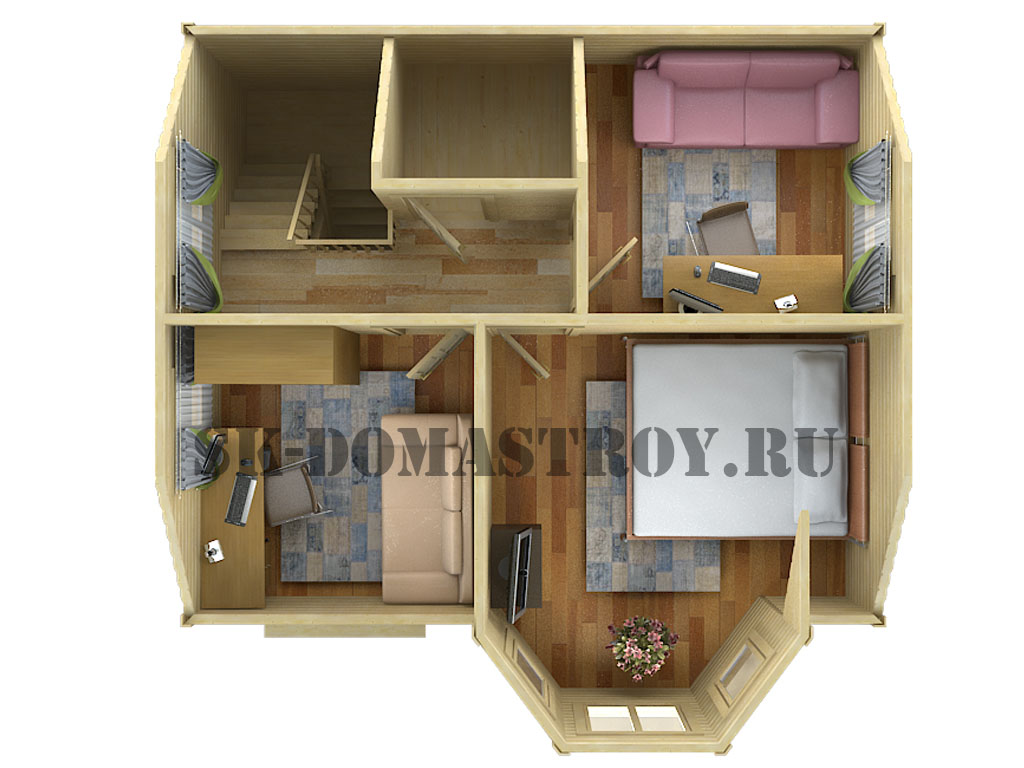 3d меблировка дома из бруса 7х7 с 1.5 этажа с эркером: 2 этаж